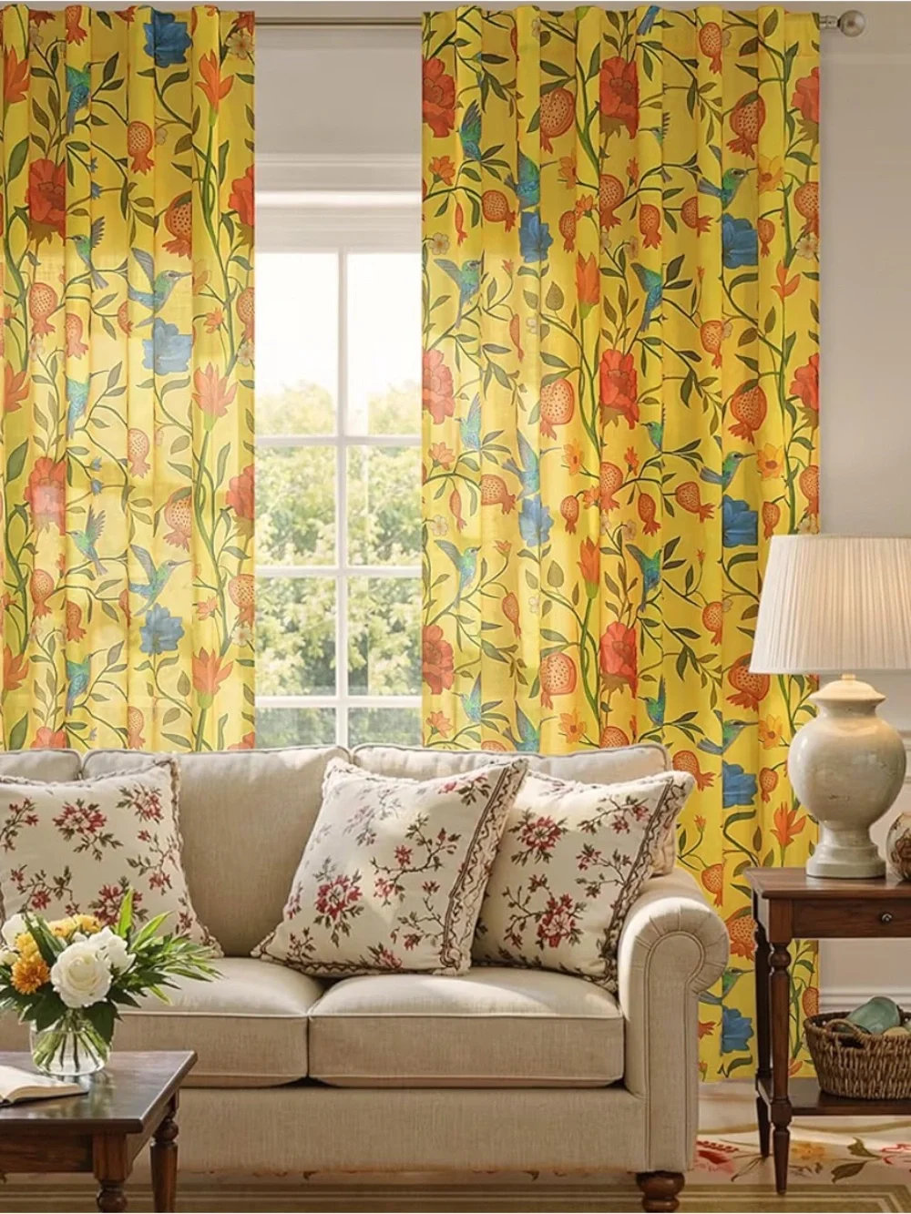 Floral bird yellow curtains 52 X 96” NEW